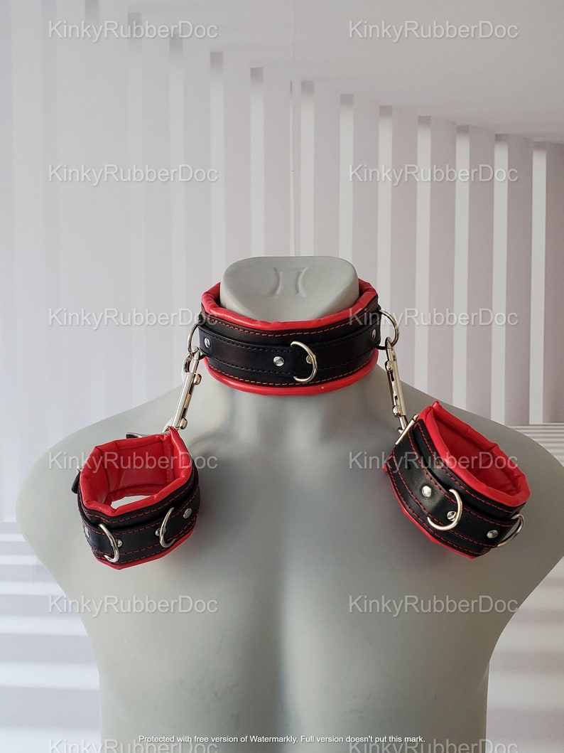 Leather Set of Collar, Handcuffs, and Ankle Cuffs. BDSM Bondage Gay Sex Role Play Erotic Restraints Gimp Suit Slave Puppy Fetish Sex Toys 