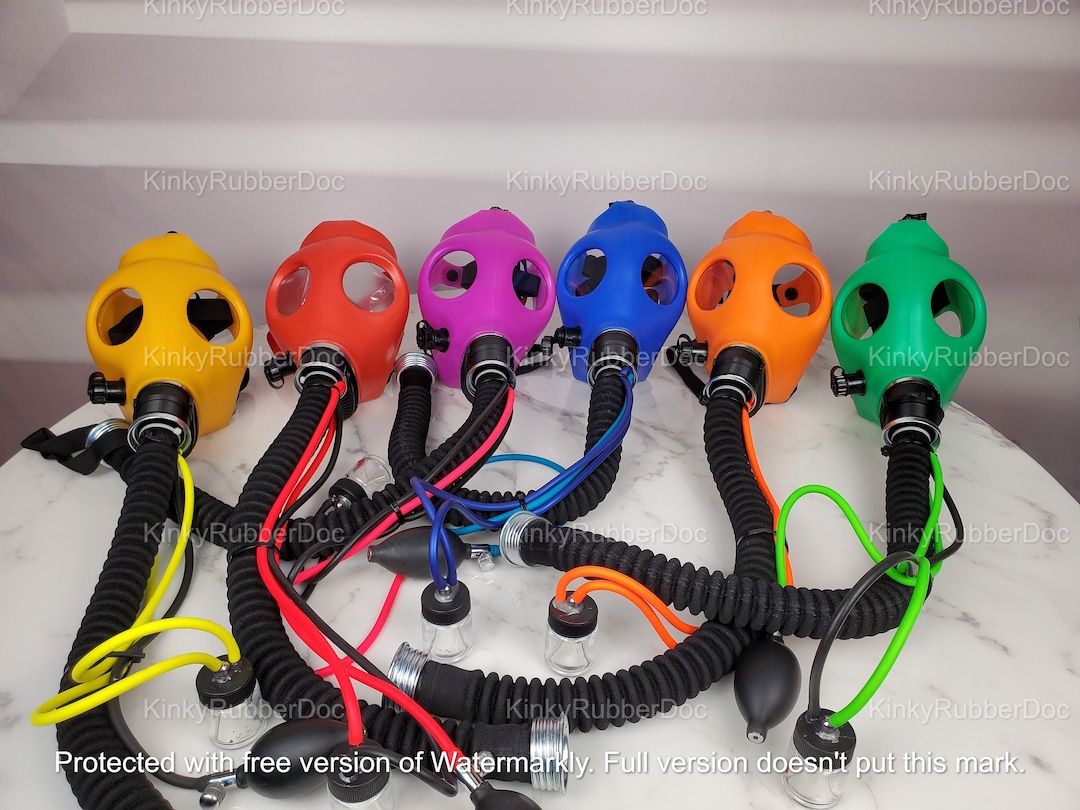 Rubber Set of Gas Mask, Hose Aroma Breathing Bag Play. Blue Latex Gear