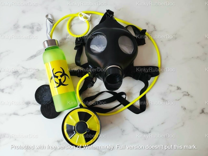 Rubber Set of Gas Mask, Filter, Drinking Connection, and Cover. Latex Gear Fetish Gold Shower Piss BDSM Bondage Gay Sex Rol Kinky Gimp Suit 