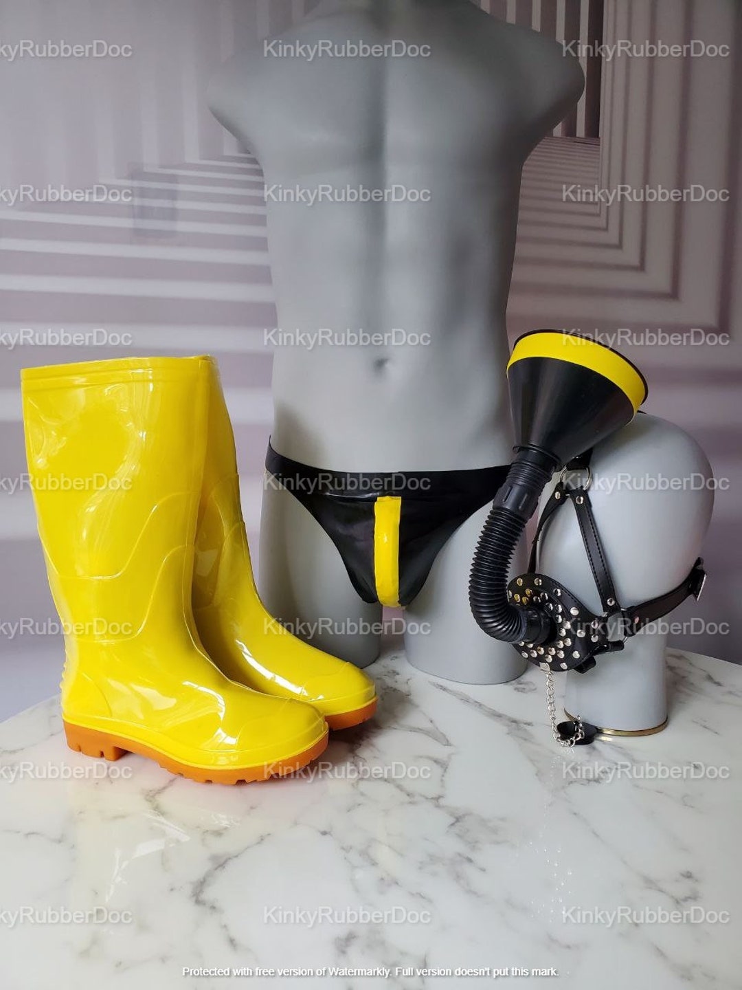 Piss Play Fetish Set Rubber Boots Latex Jockstrap Funnel Leather Mask 