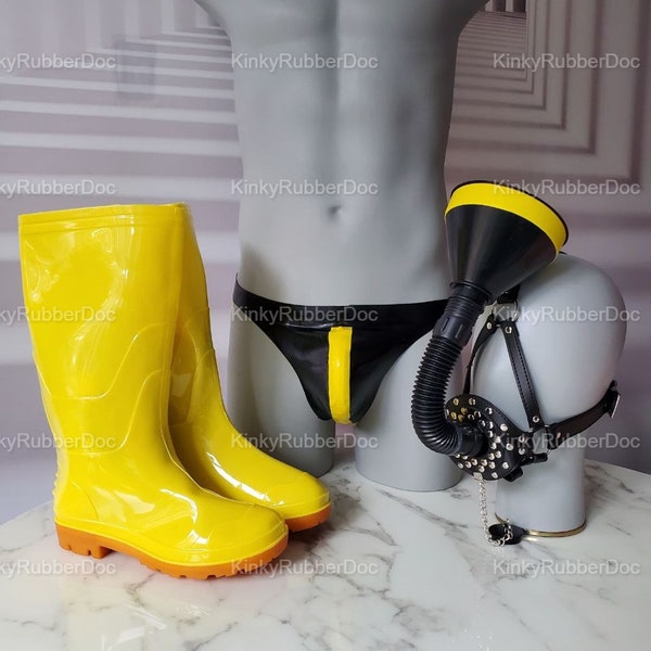 Piss Play Fetish Set. Rubber Boots Latex jockstrap funnel leather mask Urophilia Pig Bondage BDSM Gay Kinky Fetish Golden Shower Panties Gag