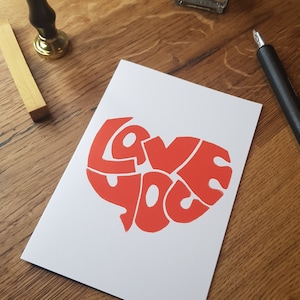 LOVE YOU - Karte zum Valentinstag - Liebesbrief - Linoldruck Karte