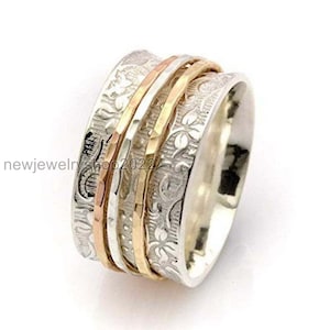Three Tone Spinner Ring, Floral Spinner Ring, Most Popular Spinner Ring, Spinner Rings For Women, Handmade Spinner Ring, Gift For Her,