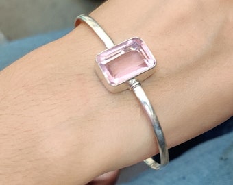 Natural Rose Quartz Bangle , 925 Sterling Silver Bangle , Gift for Women , Handmade Bangle , Gemstone Bangle , Rose Quartz Jewelry , Lovely