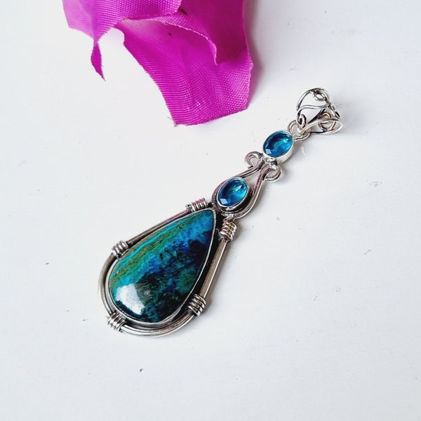 Collier pendentif pierre gemme shattuckite, argent sterling 925 massif, pendentif fait main, beau pendentif, collier topaze bleue, idée cadeau femme