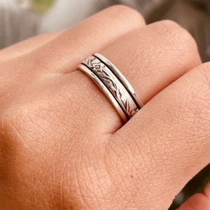 Spinner Ring, 925 Sterling Silver Ring for Women, Meditation Fidget Ring, Wide Band Tree Tone Ring, Hammered Ring, Worry Ring