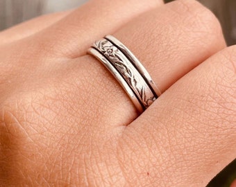 Spinner Ring, 925 Sterling Silber Ring für Frauen, Meditation Fidget Ring, Breitband Baum Ton Ring, Gehämmert Ring, Sorgenring