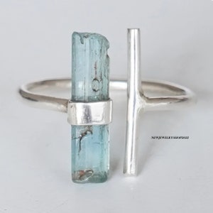 Raw Aquamarine Bar Ring, Adjustable Aqua Silver Stick Ring, March Birthstone Jewelry, Aquamarine Stick, Silver Handmade Ring, Birthday Gift