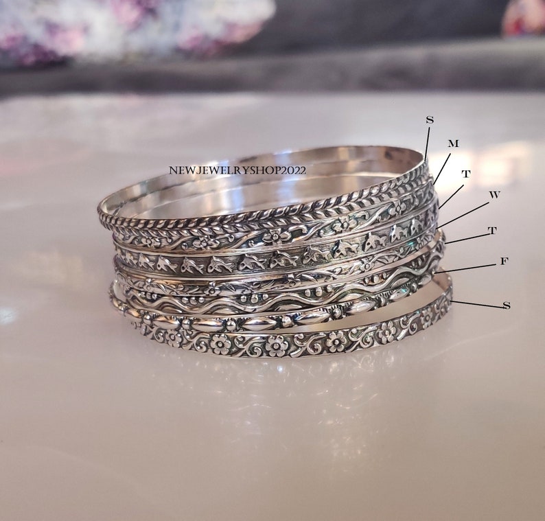 7 Design Bangles, 925 Silver Bangle for Her/him Sterling Silver Bangles, Handmade Bangles, Stackable Bangles, for Gift on Christmas Design image 5