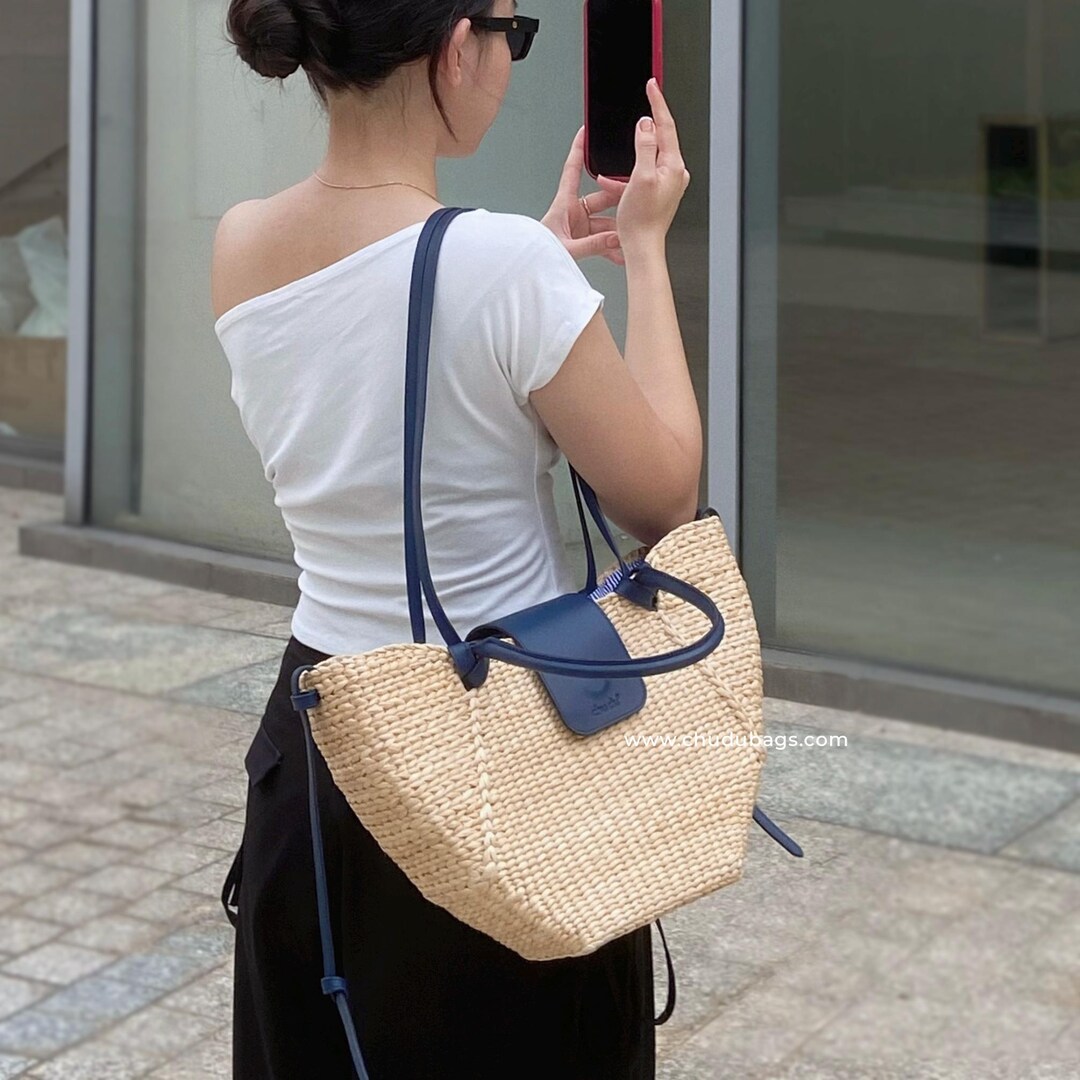 Handwoven Water Hyacinth Tote – Navy Leather Cala Bag - Etsy