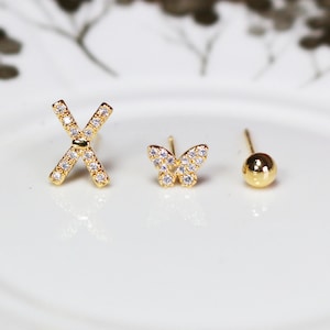 Earrings 3 Set, Three Stud Earring Set, Gold Plated Earring Set, Womens Earrings, Minimalist Earrings, Dainty Everyday Ear Set, Gift for Her