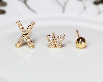 Örhängen 3-set, Set med tre örhängen, Set med förgyllda örhängen, Örhängen för kvinnor, Minimalistiska örhängen, Elegant set för vardagsbruk, Present till henne
