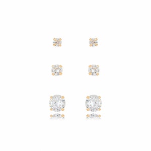 3 Diamond Stud Earrings Set, 18K Gold Plated Earrings, Tiny Round Studs, Minimalist Earrings, Gold Dainty Earrings, Gift for Her