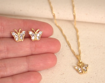 Gold Butterfly Necklace Set, Colorful Butterfly Jewelry Set, Stud Earrings and Butterfly Necklace, Dainty Gold Jewelry Set, Gold Necklace
