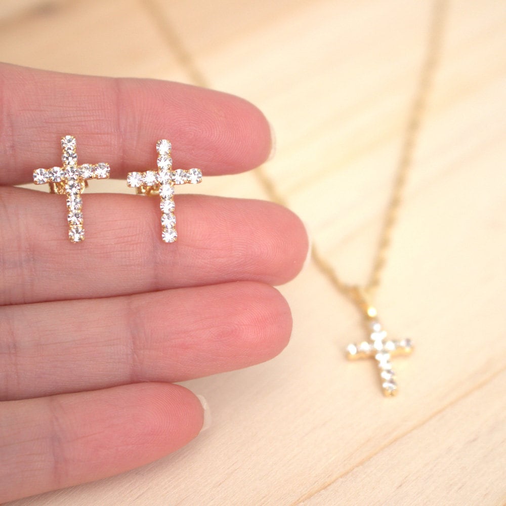 Cross Necklace Set 18K Gold Plated Necklace and Earrings Set Gold Jewelry Set Dainty Cross Pendant Gold Pendant Cross Necklace Set Etsy