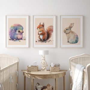 Waldtiere Poster Set, 3er Set Tierdrucke, Kinderzimmer Wanddeko, Igel Eichhörnchen Hase Poster, Waldtiere Poster
