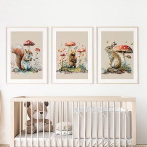 Juego de póster de animales del bosque, Set de 3 estampados de animales, Juego de carteles, Decoración de pared para niños, Póster de liebre de oso ardilla, Animal print del bosque