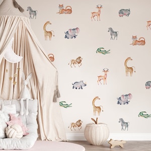 Pegatinas de pared de animales de safari, calcomanías de pared de animales salvajes, calcomanías para habitación de niños, calcomanías de pared de elefante, cebra, jirafa, cocodrilo y antílope