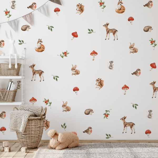 Stickers muraux animaux de la forêt, sticker mural animaux de la forêt, sticker mural chambre d'enfant, biche, lapin, renard, oiseau, écureuil, hérisson, stickers champignons