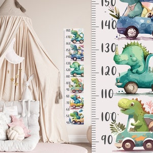 Growth Chart Wall Decal, Cute Dinosaurs Sticker for Kids, Dinos, Cars, Leafs, Easy Peel And Stick