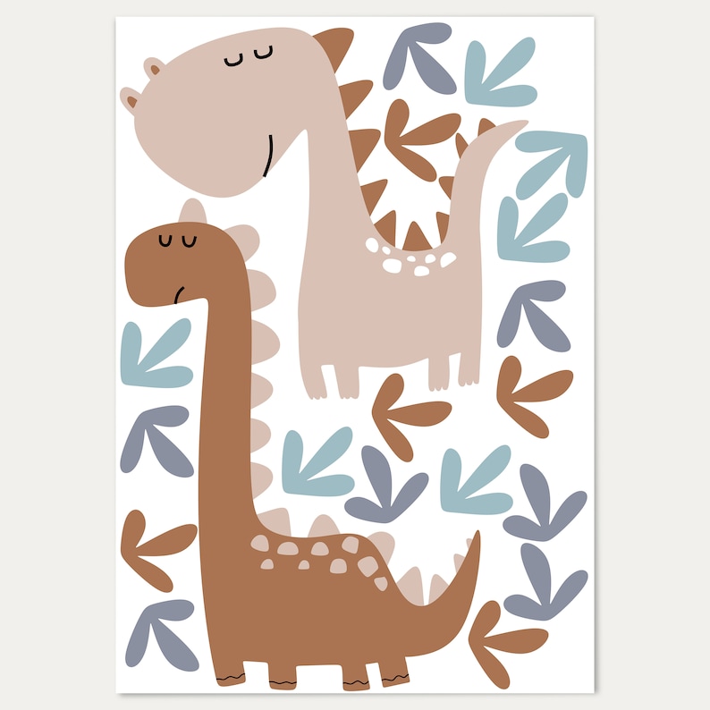 May include: Two cartoon dinosaurs with brown and pink bodies and white spots. The dinosaurs are surrounded by blue and brown leaves.