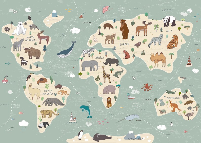 Animal World Map Print: Kids Nursery Educational Poster - Etsy