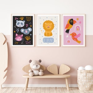 Jungle animals poster set, Set of 3 animal prints, Set of posters, Kids Wall Decor, Koala, Bear, Tiger, Lion, Parrot, Jungle animal print