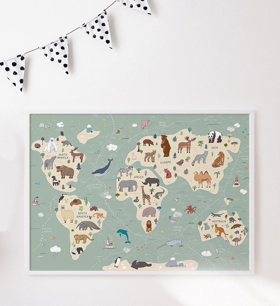Animals World Map Kids Animal World Map Print World Map - Etsy UK