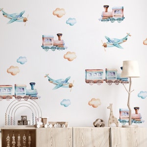 Pegatinas de pared de trenes, Calcomanía de pared de trenes, Calcomanía de pared para habitación infantil, Pegatinas de pared para habitación infantil, Pegatinas de pared de aviones, Calcomanía de avión, Despegar y pegar