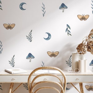 Muursticker vlinder, paddestoel, muursticker maan, boho-muursticker, pastel boh-muursticker, kleur vlinder muursticker, Peal & Stick