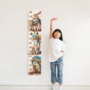 Growth Chart Wall Decal, Forest Animals Sticker for Kids, Hare, Fox, Hedgehog, Boho Style, Easy Peel And Stick