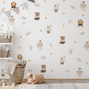 Funny animals wall stickers, Wild animals wall decal, Kids room decal, Elephant, Rabbit, Bear, Lion, Leafs, Stars, Funny kids room wall art