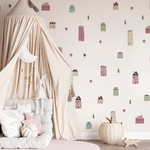 Muurstickers platteland, muursticker gebouwen, sticker kinderkamer, kinderkamerstickers, muurstickers huizen en bomen