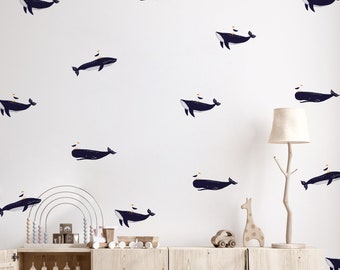 Whales wall stickers, Whales wall decal, Kids room wall decal, Kids room wall stickers, Whales, Seagull, Funny whales wall stickers