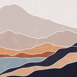 May include: Abstract art print featuring a layered landscape with mountains and a lake in shades of brown, orange, blue, and white.