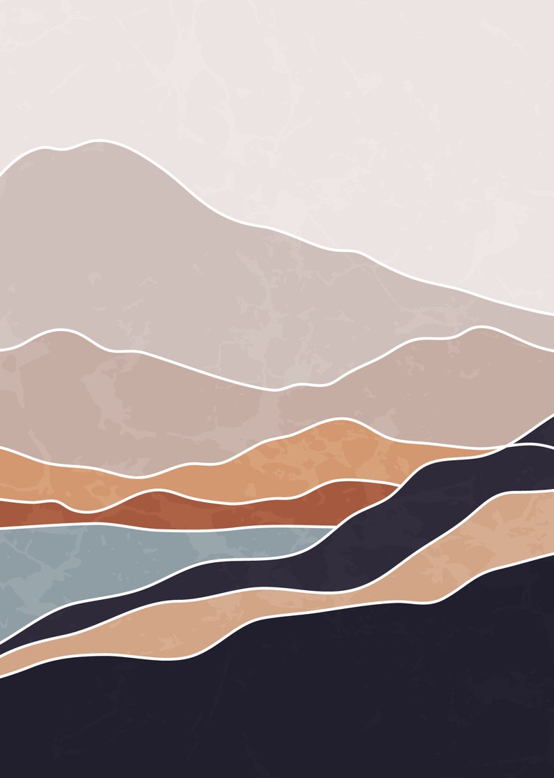 May include: Abstract art print featuring a layered landscape with mountains and a lake in shades of brown, orange, blue, and white.