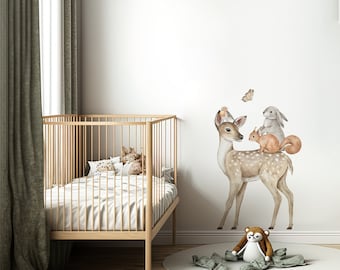 Vinilo decorativo de animales del bosque: cierva, conejo, ardilla, pájaro y mariposa