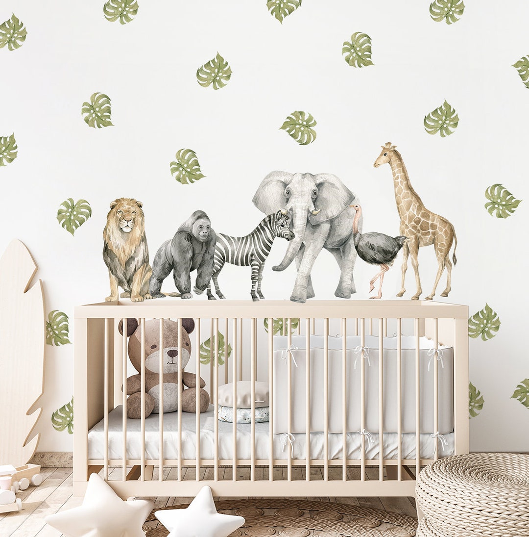 Safari Animals & Monstera Leaves Wall Decal: Kids Room Decor - Etsy