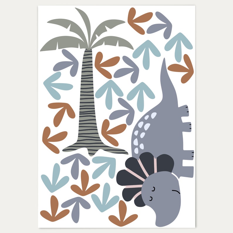 May include: A gray dinosaur with a pink frill and brown spots stands in front of a gray palm tree with a brown trunk. The background is white with blue and brown arrows.