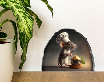 Mouse Hole Sticker, 3D Wall Decal, Skirting Board Sticker, Cute Mouse Cooking Cheese, Funny Kitchen Decal, Reusable Peel and stick decal