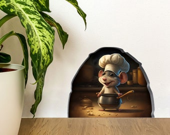 Cute Smiling Mouse Cook, Mouse Hole Sticker, 3D Wall Decal, Skirting Board Sticker, Funny Kitchen Decal, Reusable Peel and stick decal