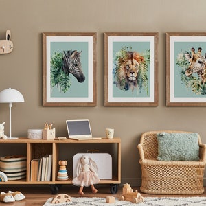Juego de póster de animales de la selva, Set de 3 estampados de animales, Juego de carteles, Decoración de pared para niños, Póster de jirafa león cebra, Animal print de selva