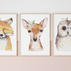 Juego de carteles de animales del bosque, Conjunto de 3 estampados de animales, Conjunto de carteles, Póster de búho, Decoración de pared para niños, Póster de Fulano, Póster de Zorro, Estampado de animales del bosque