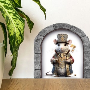 Mouse Magician In Steampunk Dress, Mouse Hole Sticker, 3D Wall Decal, Skirting Board Sticker, Funny Kitchen Decal, Reusable Peel and stick