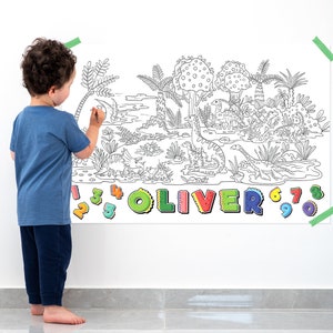 Póster para colorear de dinosaurio personalizado, póster para colorear para niños, pancarta para colorear, póster grande para colorear con nombre de color