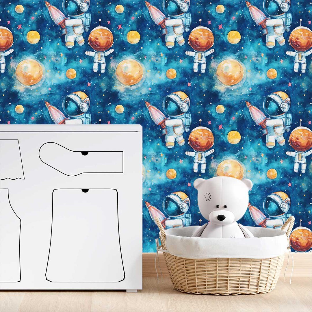 Handmade Spaceman Nursery Wallpaper – Peel and Stick Kids Room Mural - Etsy