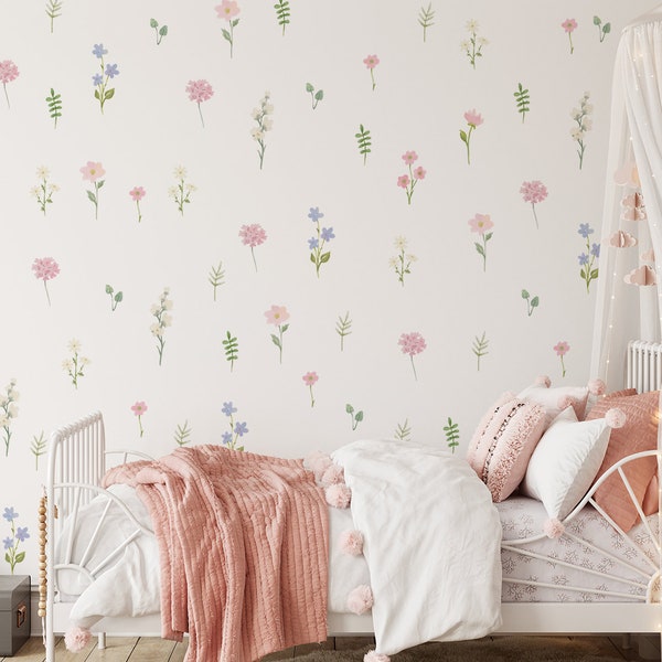 Pegatinas de pared florales, calcomanía de pared floral de pradera, decoración de pared, pegatina de pared estilo Boho, hojas de flores de acuarela pastel, pegatinas de pared botánicas