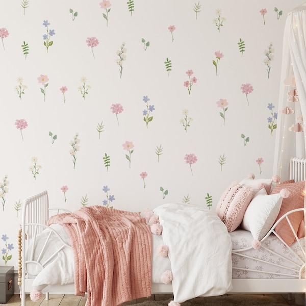 Watercolor Floral Wall Stickers: Boho Meadow Decal, Pastel Flower Leafs