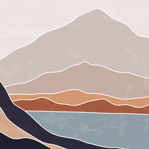 May include: Abstract art print featuring a stylized landscape with mountains, a lake, and a sky in shades of brown, orange, blue, and gray.