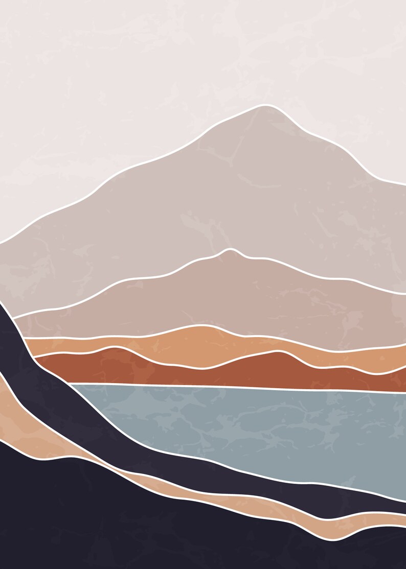 May include: Abstract art print featuring a stylized landscape with mountains, a lake, and a sky in shades of brown, orange, blue, and gray.